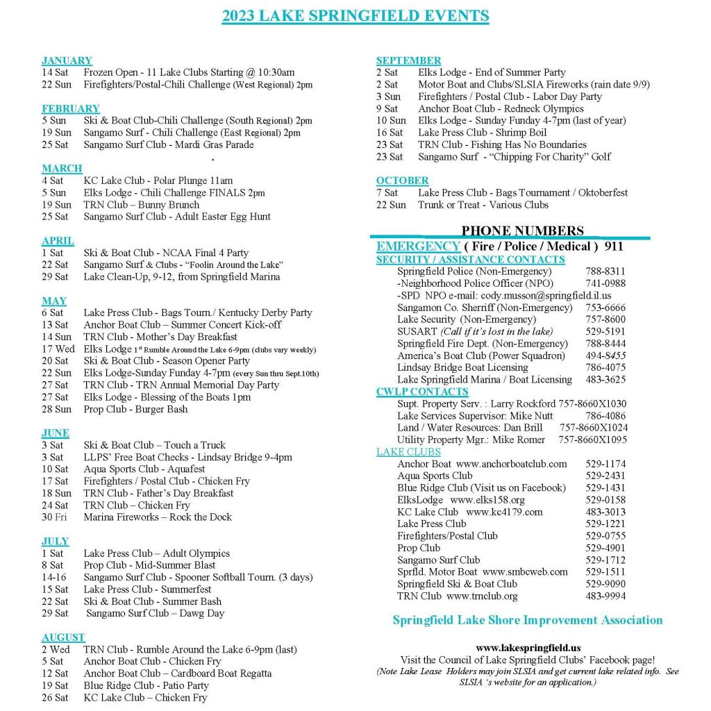 Lake Springfield Schedule of Events Lake Springfield Association